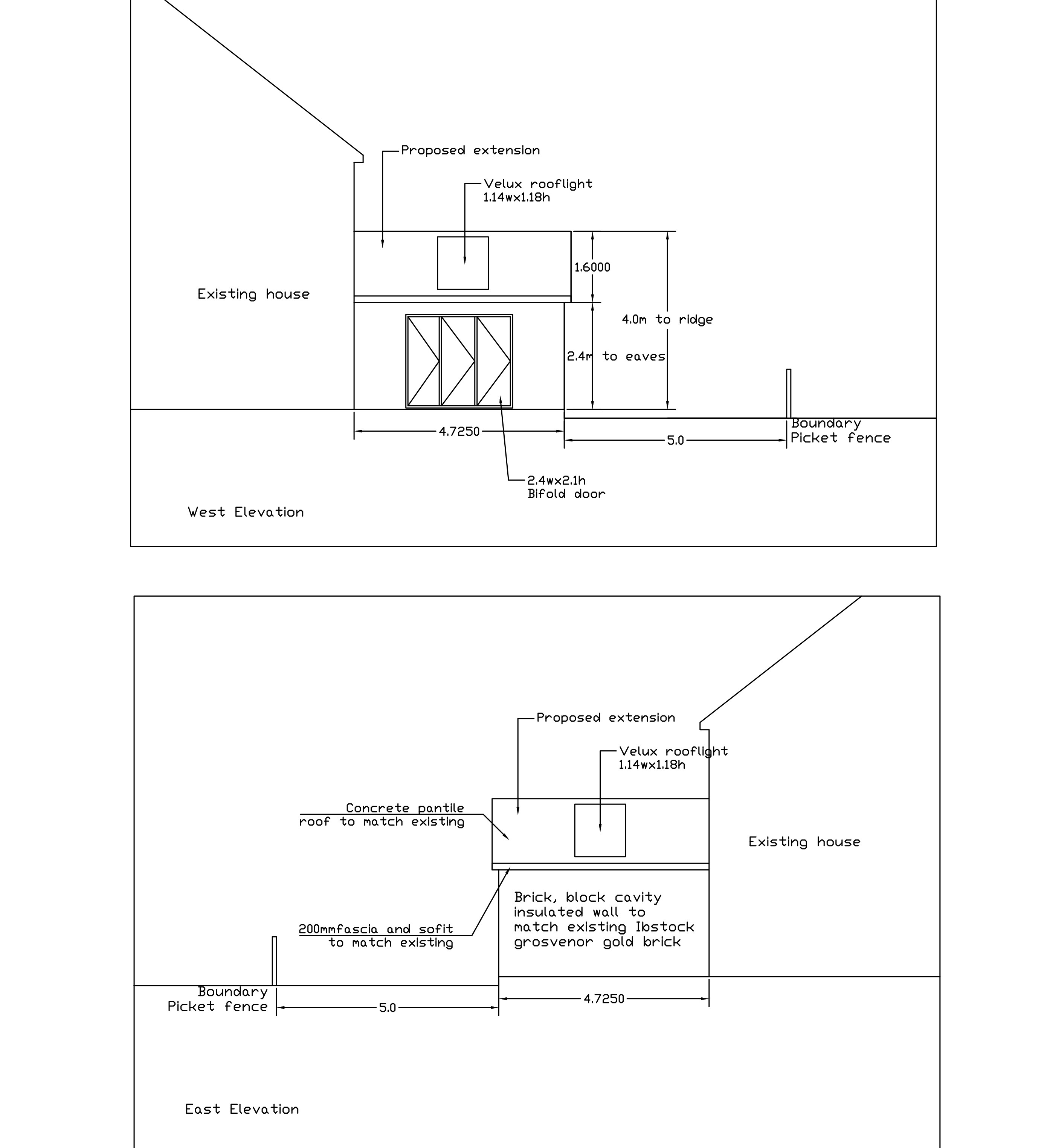 West and east elevation drawings for side extension on corner plot