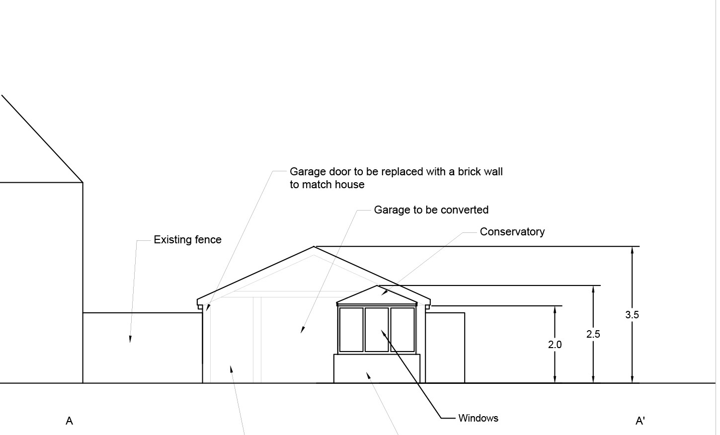 Elevation drawing for garage conversion retrospective planning case in Rotherham