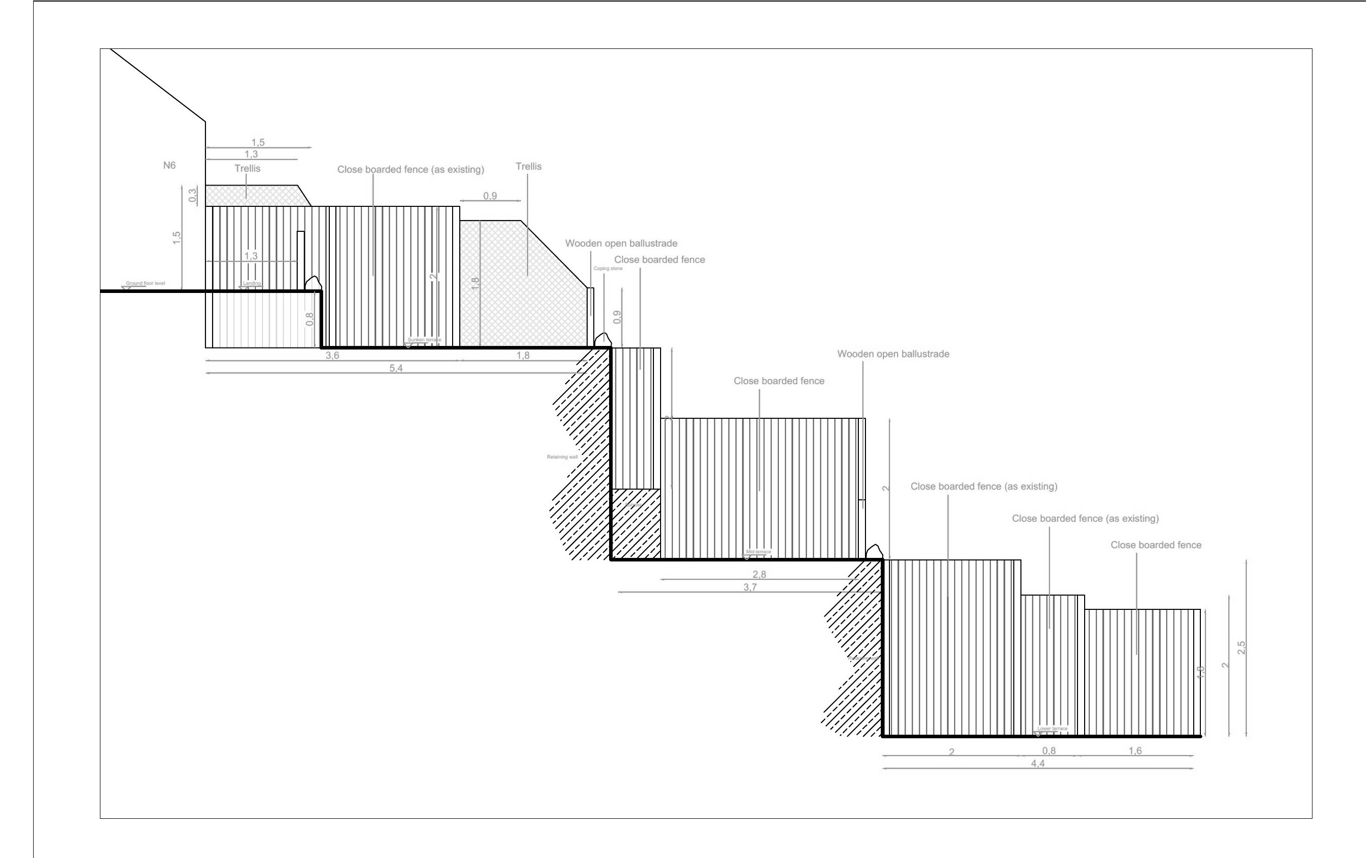 Boundary treatment elevation drawing for retaining walls and fencing case in Bristol